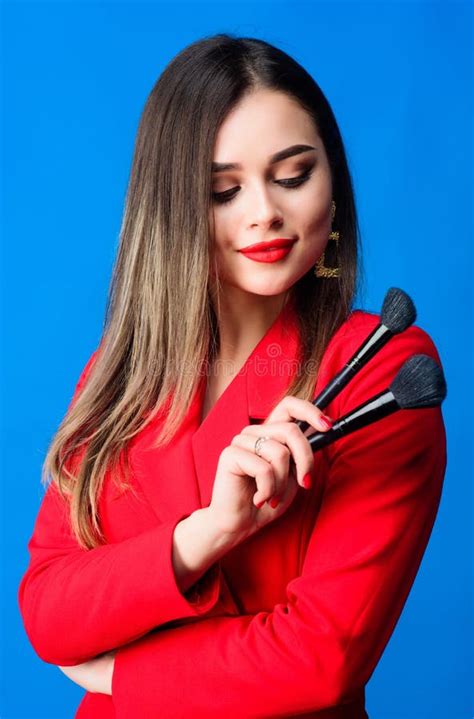 Woman With Professional Makeup Brush Tool Fashion Portrait Of Woman