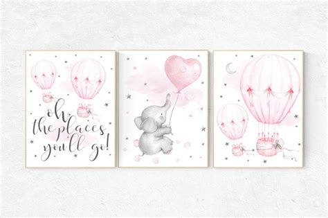 Nursery Decor Girl Elephant Pink And Gray Hot Air Balloon Pink Grey