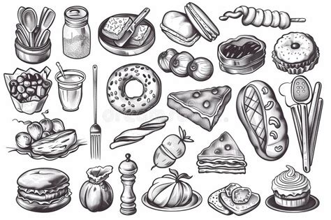 Assortment of Delicious Food Items Drawing Stock Photo - Image of ...