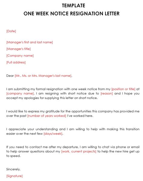 Printable One Week Notice Resignation Letter Templates Word Pdf Excel Tmp