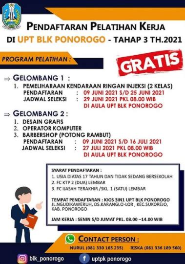 Pendaftaran Pelatihan Kerja Gratis Berbasis Kompetensi Tahap Blk