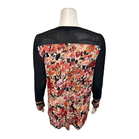 Logo Layers By Lori Goldstein Printed Sheer Mesh Top W Solid Details