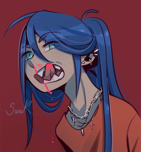 A Drawing Of A Woman With Blue Hair And Piercings On Her Face Crying