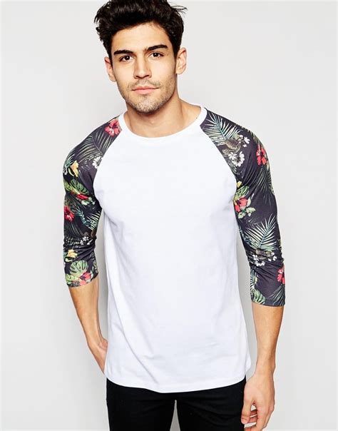 ASOS Cotton 3/4 Sleeve T-shirt With Floral Print Sleeves - Black for ...