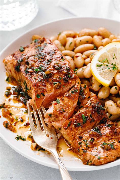 Garlic Butter Salmon Recipe With White Beans Salmon And Beans Recipe Salmon Recipes White