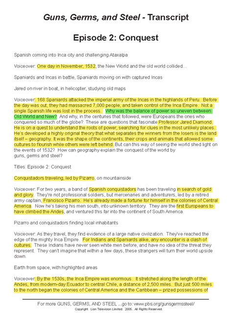 Guns, Germs, and Steel - Episode 2: Conquest Transcript (Self Study