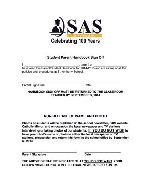 Fillable Online Student Parent Handbook Sign Off NON RELEASE