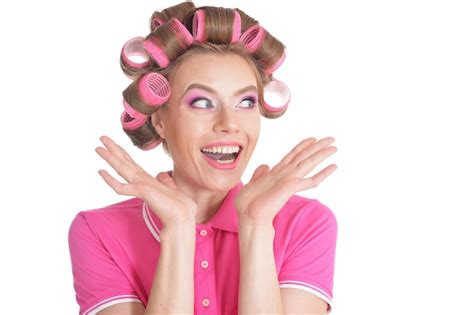 Premium Photo Portrait Of Beautiful Woman With Hair Curlers