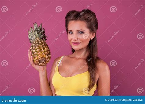 Caucasian Woman Hold Pineapple Fruit Smiling Healthy And Joyful Model