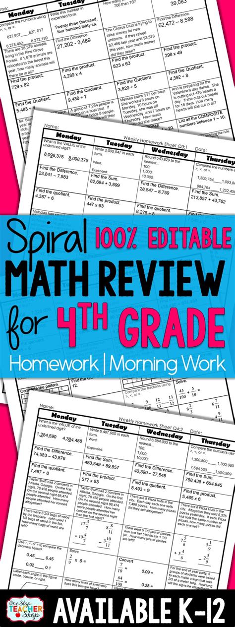 Editable Spiral Math Review For Th Grade This Daily Spiral