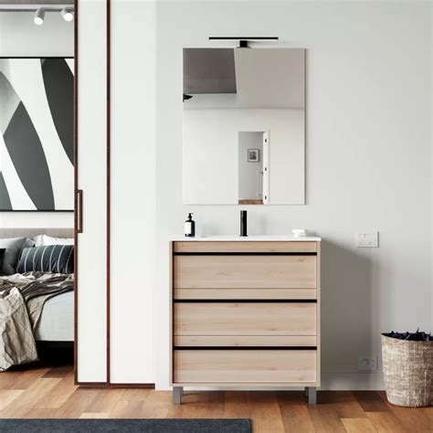 Mobile Bagno A Terra Cm Rovere Atlas Con Lavabo E Specchio Maestro