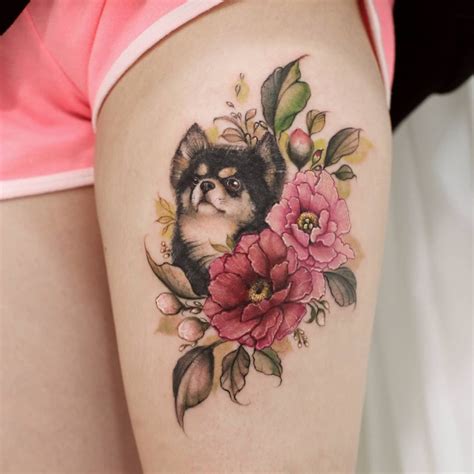 Tatuaje Perro Asomado Entre Flores Por Chaewha Tattoo Tatuajes Para