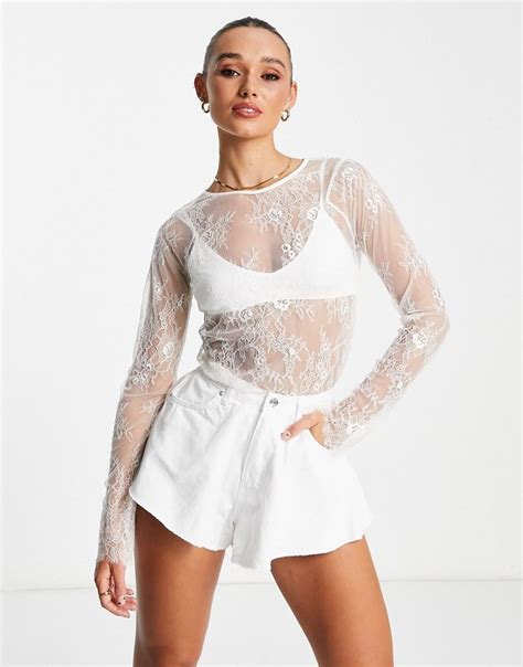 Topshop Long Sleeve Sheer Lace Top In Ivory White Lace Top Long