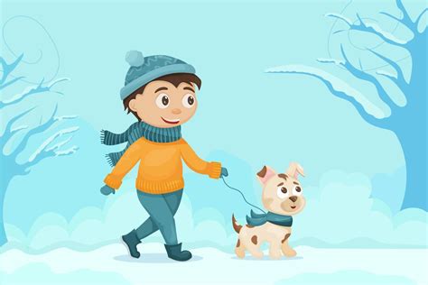 un enfant se promène avec son chien en hiver dans le parc illustration