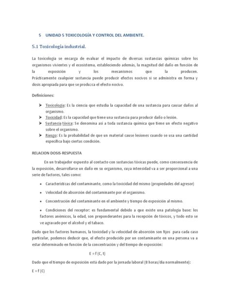 Unidad 5 Toxicología Y Control Del Ambiente Pdf Toxicidad Toxicología