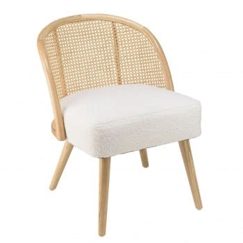 Fauteuil bois dHévéa assise tissu blanc dossier rotin naturel Albane