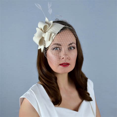 Aya White Felt Fascinator With Bows And Birdcage Veil Rubina Millinery