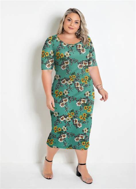 Vestido Floral Verde Plus Size Mangas 3 4 Marguerite