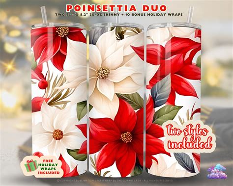 Poinsettia Duo Christmas Tumbler Wrap Sublimation Skinny Oz Pack