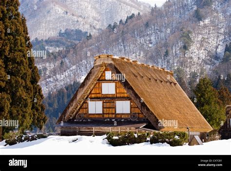 Traditional Japanese Thatched Roof Village House In Winter Shirakawa