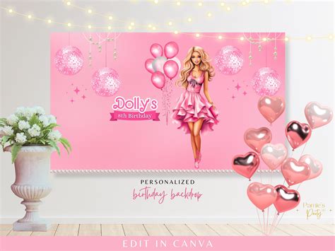 Editable Pink Fashion Doll Birthday Backdrop Girl Pink And Gold