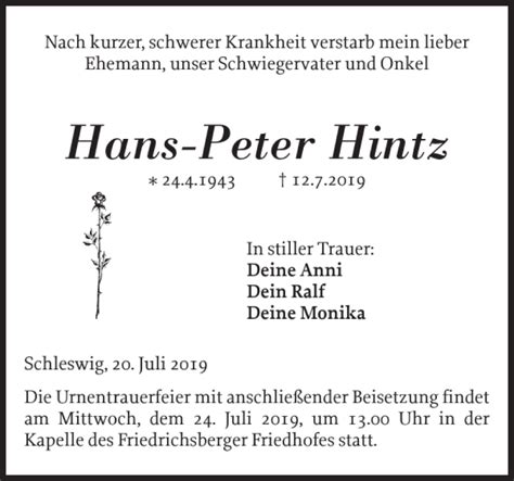 Traueranzeigen Von Hans Peter Hintz Sh Z Trauer