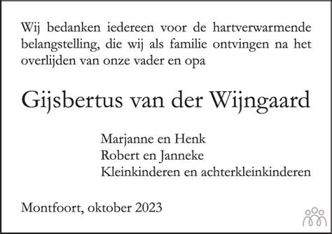 Gijsbertus Gijs Van Der Wijngaard 23 08 2023 Overlijdensbericht En