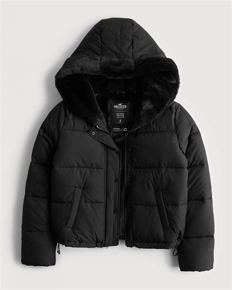 Hollister Faux Fur Lined Puffer Jacket In Black Lyst Uk