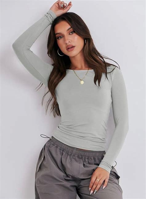 Anrabess Women Long Sleeve Slim Fit Crop Top Going Out Tight T Shirt