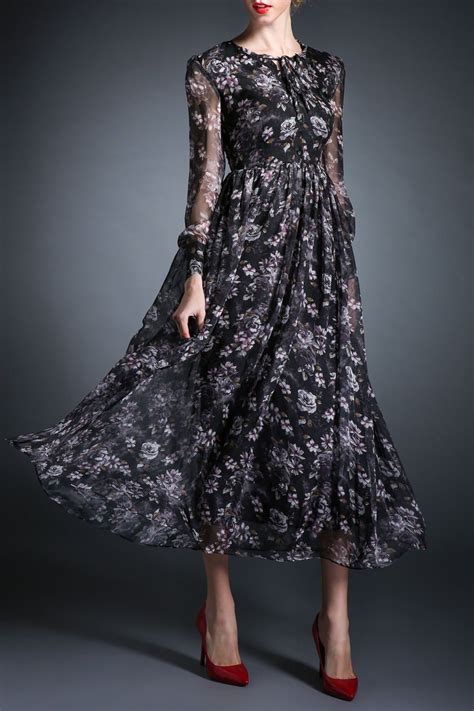 Flower Print Round Neck Long Sleeve Chiffon Dress Casual Evening