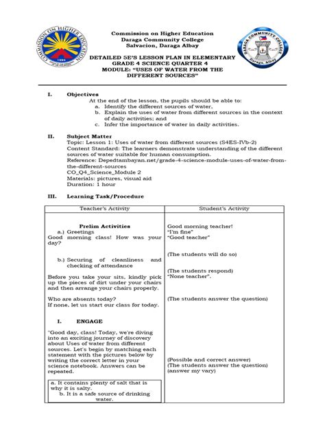 Mc Sci 2 Detailed 5es Lesson Plan In Elementary Grade 4 Science Quarter 4 Module Uses Of Water