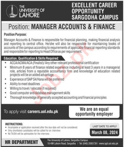 The University Of Lahore Uol Sargodha Jobs Job Advertisement