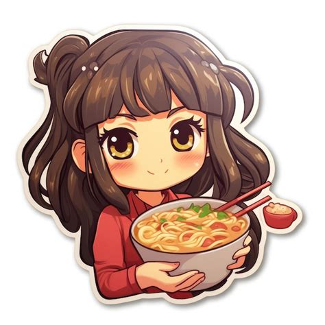 Premium Ai Image Sticker Of Cute Kawaii Girl Eating Ramen