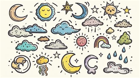 A Set Of Colorful Doodle Style Weather Icons Including Sun Moon Clouds