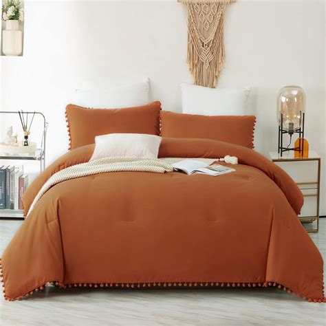 Burnt Orange Pom Pom Fringe Comforter Boho Ball Pom Comforter Lightweight Soft Microfiber Down