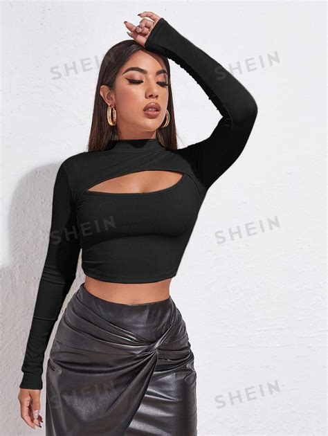 SHEIN Essnce Mock Neck Cut Out Rib Knit Slim Crop Tee SHEIN USA