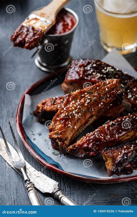 Smoked Roasted Pork Ribs On The Plate Delicious Grilled Bbq Rib Stock