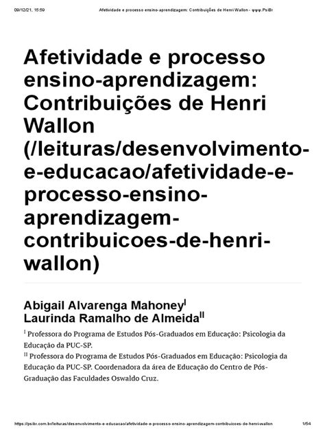 Afetividade E Aprendizagem - Afetividade e processo ensino-aprendizagem - Contribuições de Henri ...