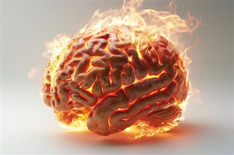 Burning Human Brain On Fire On White Isolated Background Stock Image