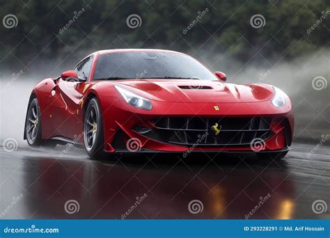 Ferrari F Berlinetta On Rainy Time Race On Road Supercar Water