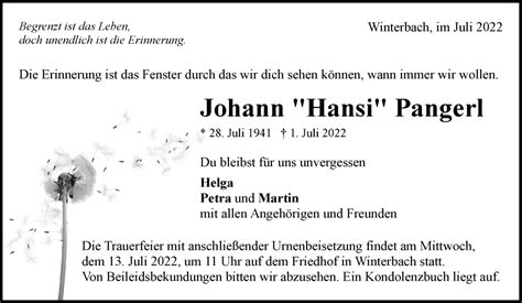 Traueranzeigen Von Johann Pangerl ZVW Trauer