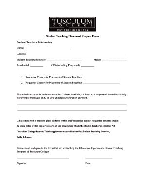 Fillable Online Tusculum Student Teaching Placement Request Form