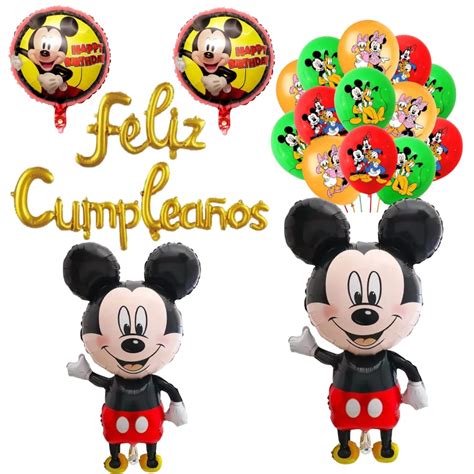 Set Globos Aluminio 12 Globos Látex Feliz Cumpleaños Mickey Mouse