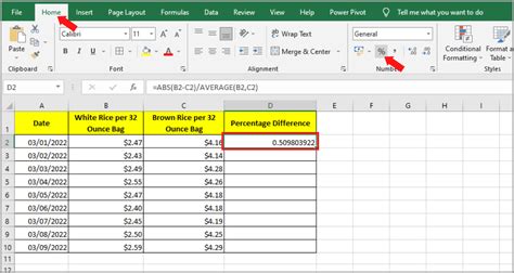 Calculating Percentage Difference in Microsoft Excel