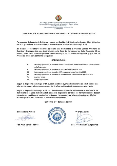 Convocatoria A Cabildo General Ordinario De Cuentas Y Presupuestos