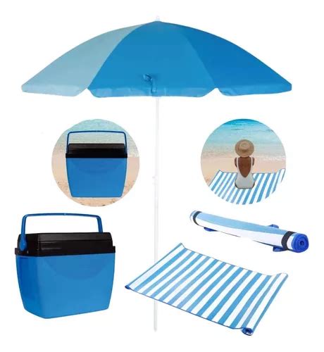 Kit Praia Cooler L Guarda Sol M Esteira Azul