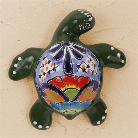 Ceramic Turtle Wall Sculpture In Green From Mexico Delightful Turtle Novica