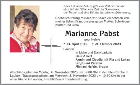 Traueranzeigen von Marianne Pabst Allgäuer Zeitung