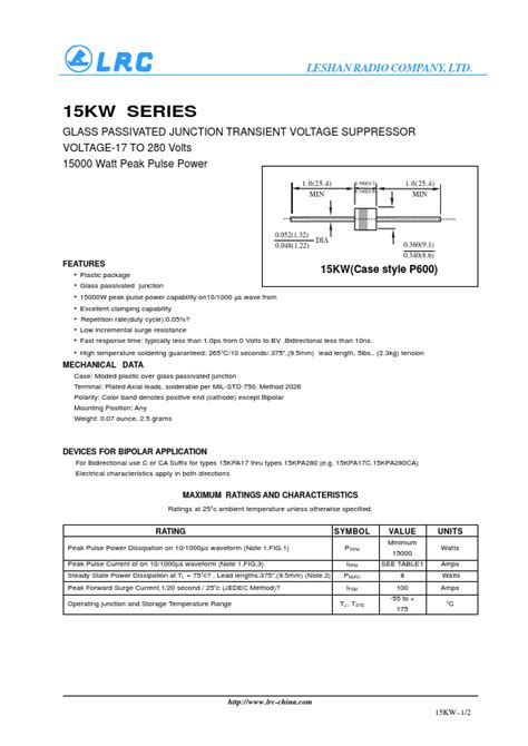 15KPA120CA SUPPRESSOR Datasheet LRC Distributor Stock And Price