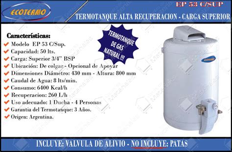 Termotanque Ecotermo 53 Lt Alta Recuperacion Gas Natural Carga Superior